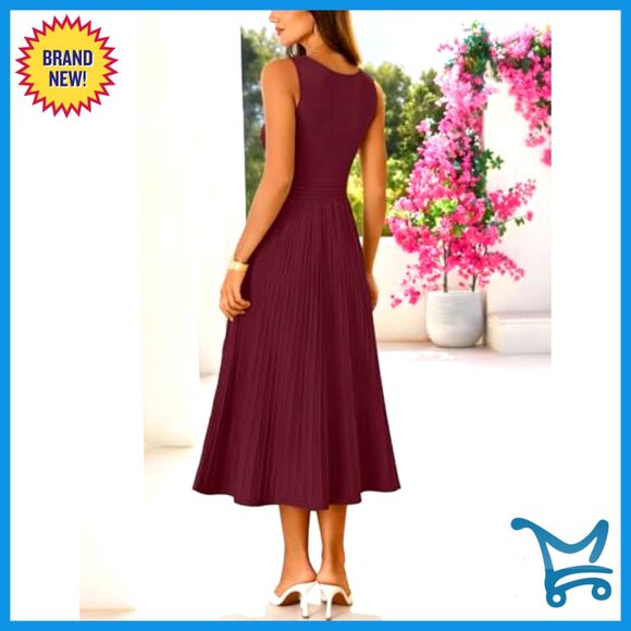 Sleeveless Pleated Midi Dress A-Line Knit Business Cocktail Casual - Picture 4 of 7